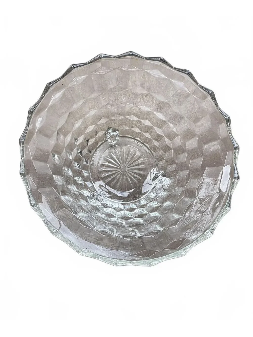 Vintage Clear Glass Footed Serving Bowl Cubist Diamond Point